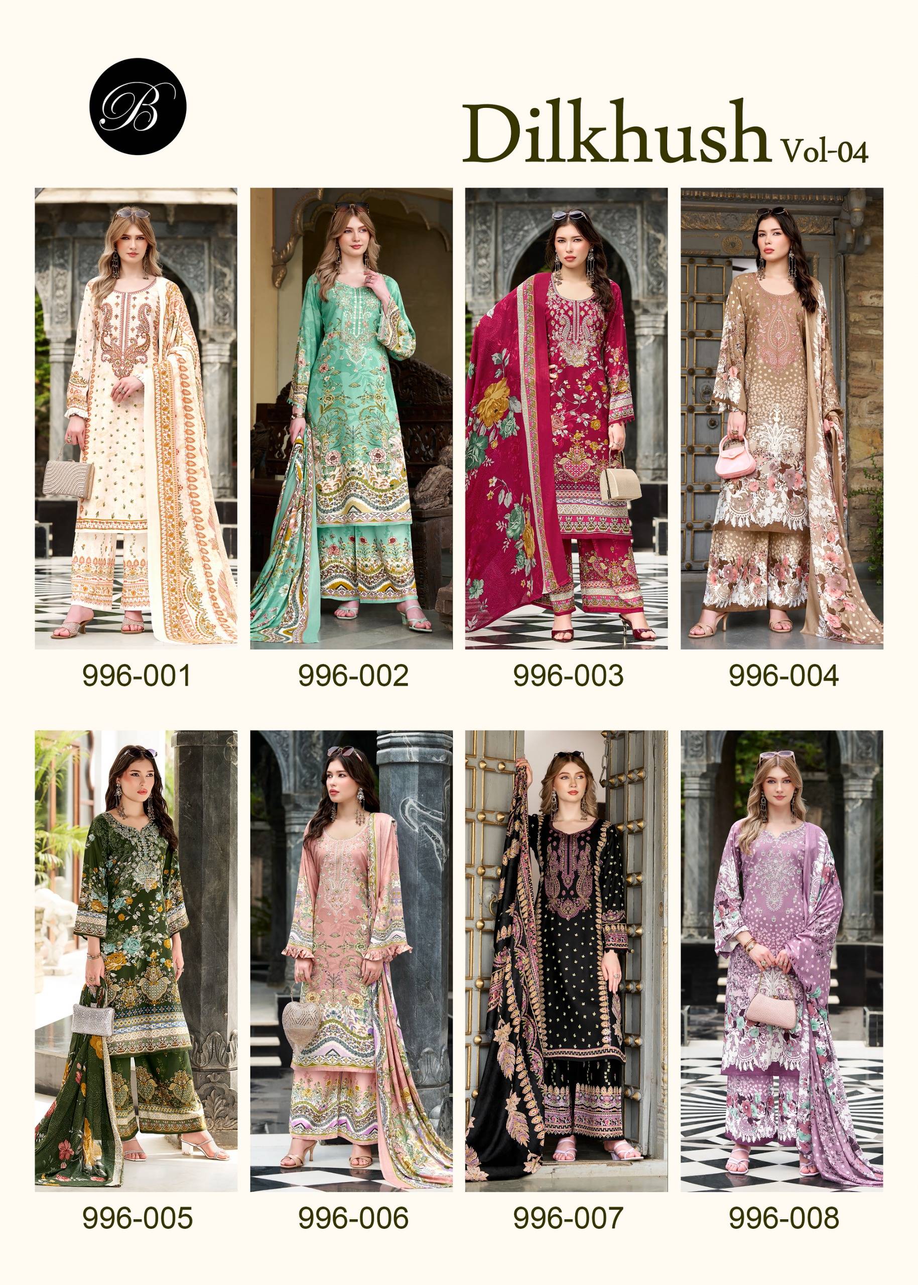 DILKHUSH VOL 4 BY BELLIZA DESIGNER 996 Series 01 To 08 Indian Traditional casual wear Pakistani Pure Viscose dresses At Wholesale Price